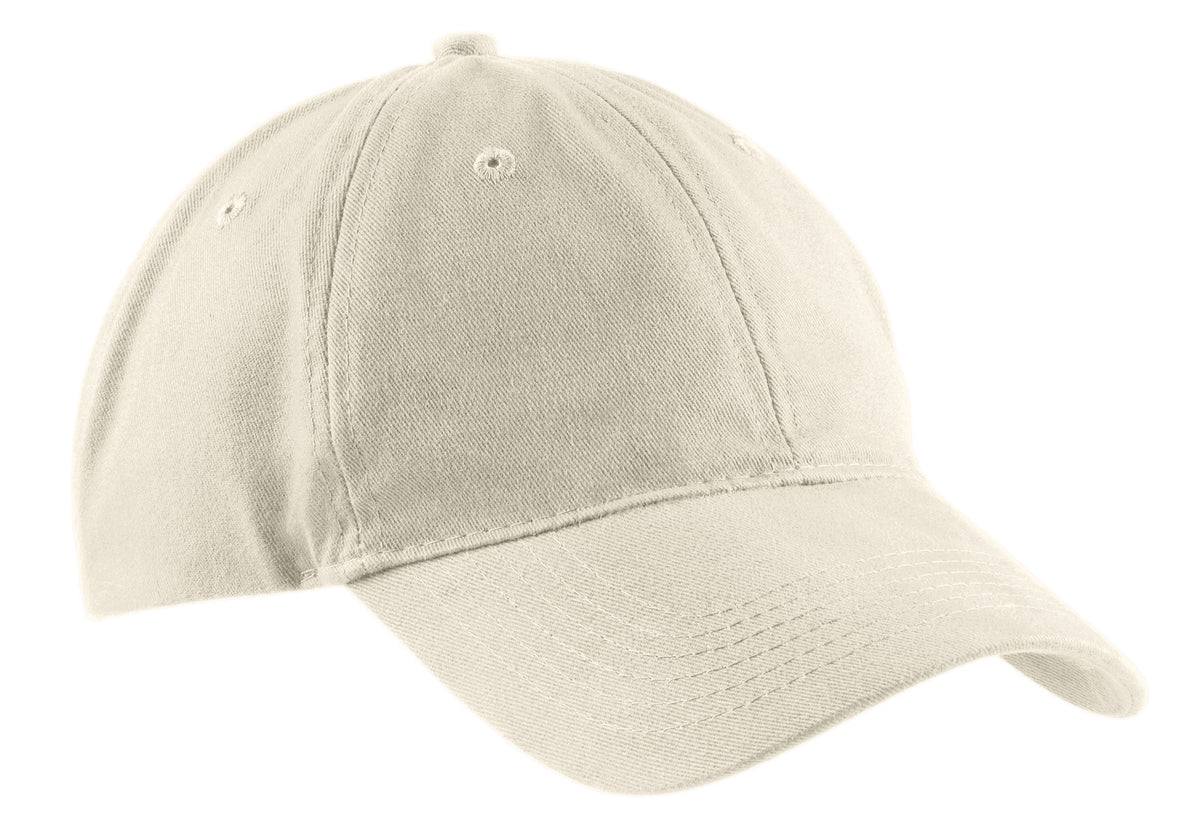 Port Authority brushed twill low profile cap in stone color, displaying front view with curved brim and adjustable strap.