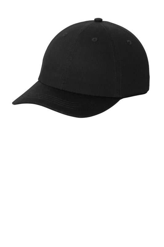 Black Port Authority washed twill cap with adjustable strap, featuring a curved brim and classic six-panel design.