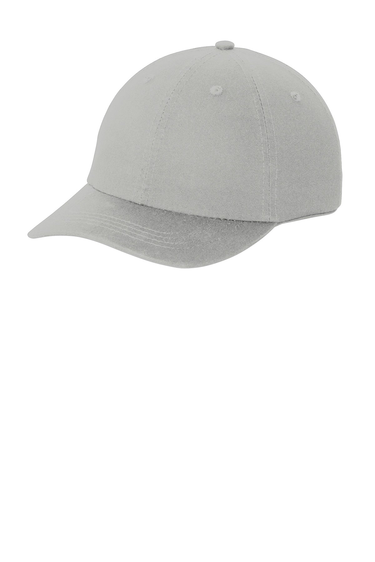 Port Authority washed twill cap with curved brim and embroidered logo, shown from the left side.