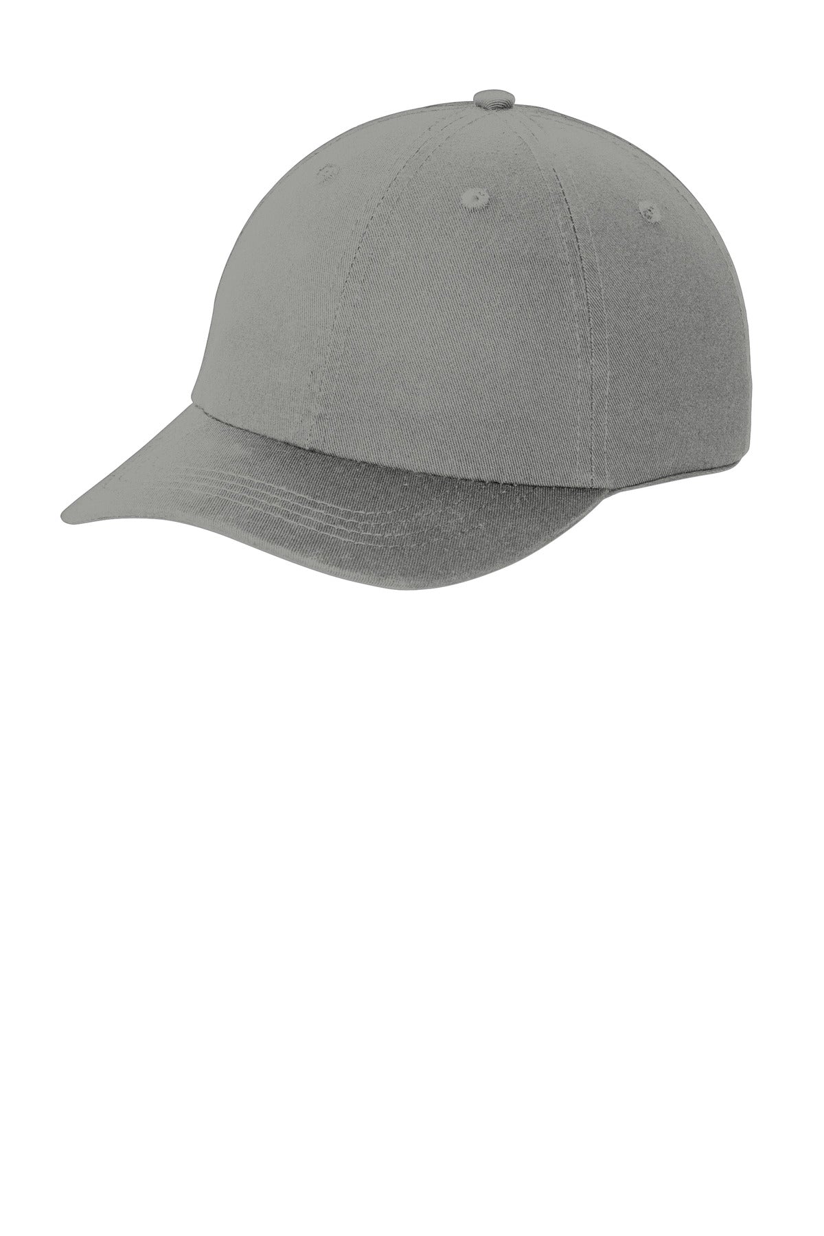 Port Authority washed twill cap in deep smoke color, showing front view with curved brim and adjustable strap.