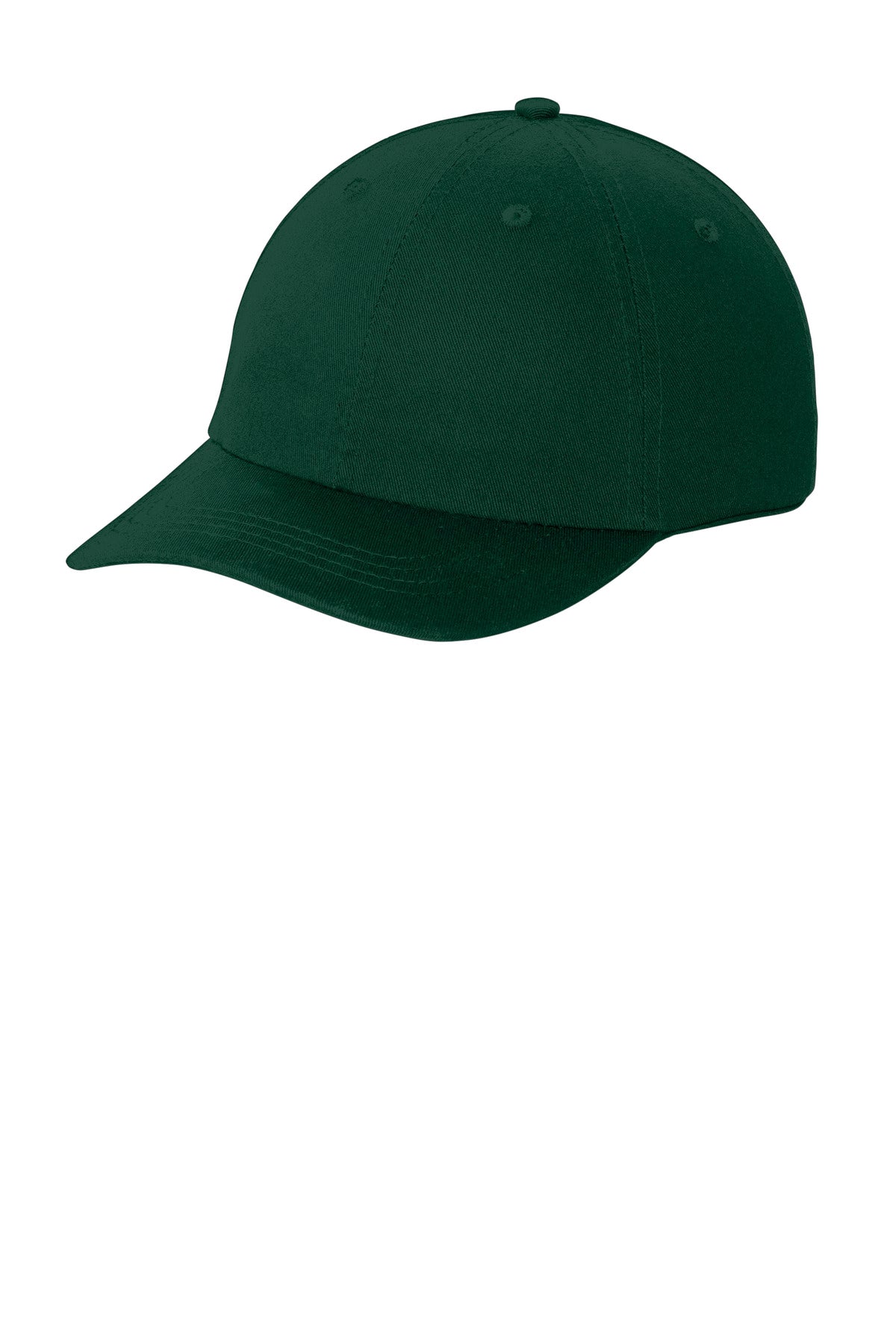 Port Authority washed twill cap in hunter green, showing the front view with adjustable strap and curved brim.
