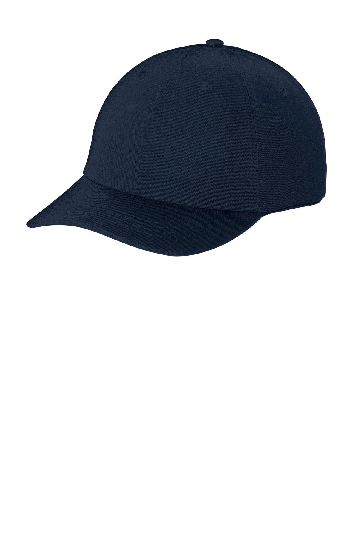 Navy Port Authority Washed Twill Cap with curved brim and adjustable strap, shown from the left side.