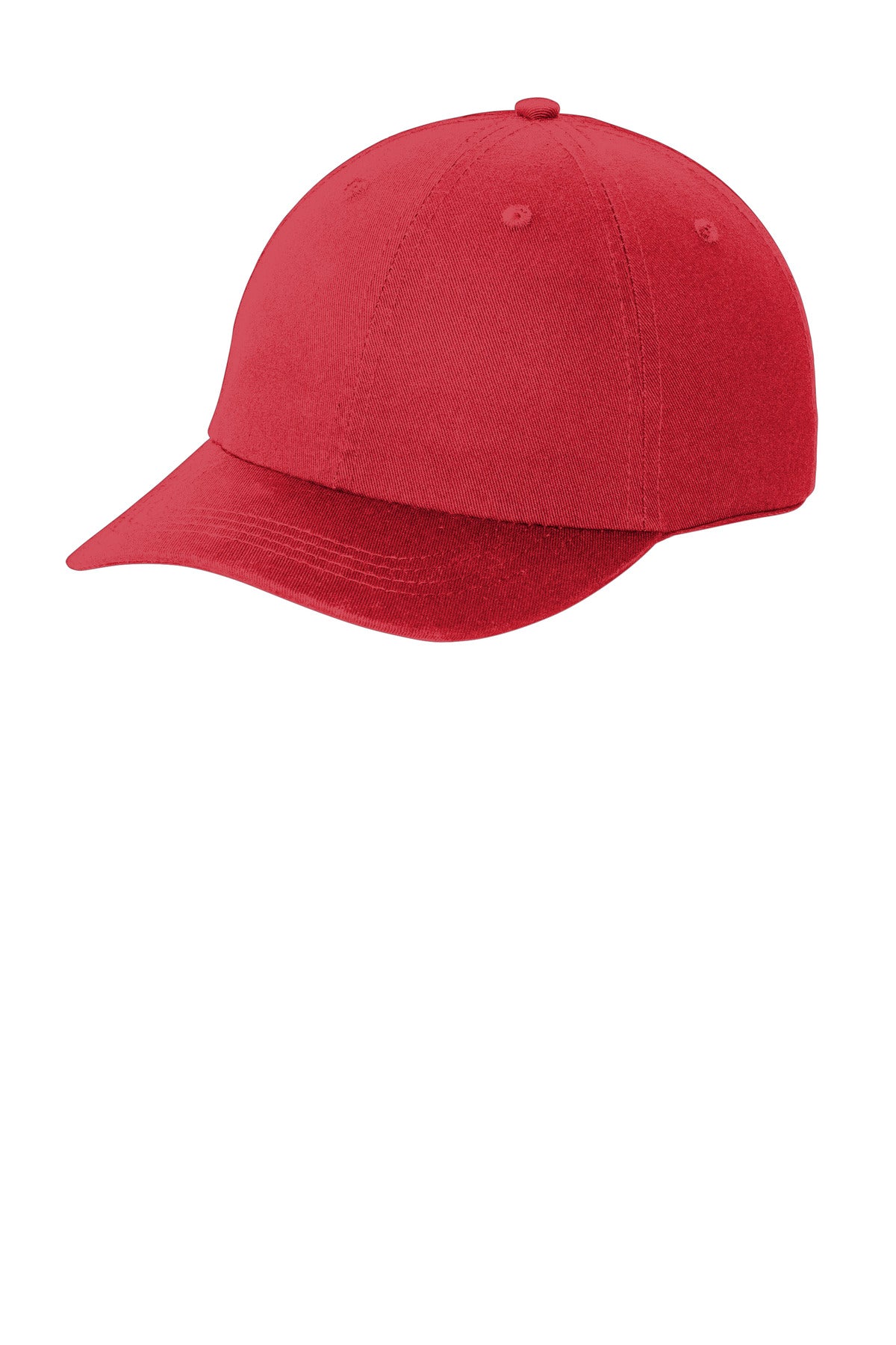 Red Port Authority washed twill cap with curved brim and adjustable strap, shown from the left side.