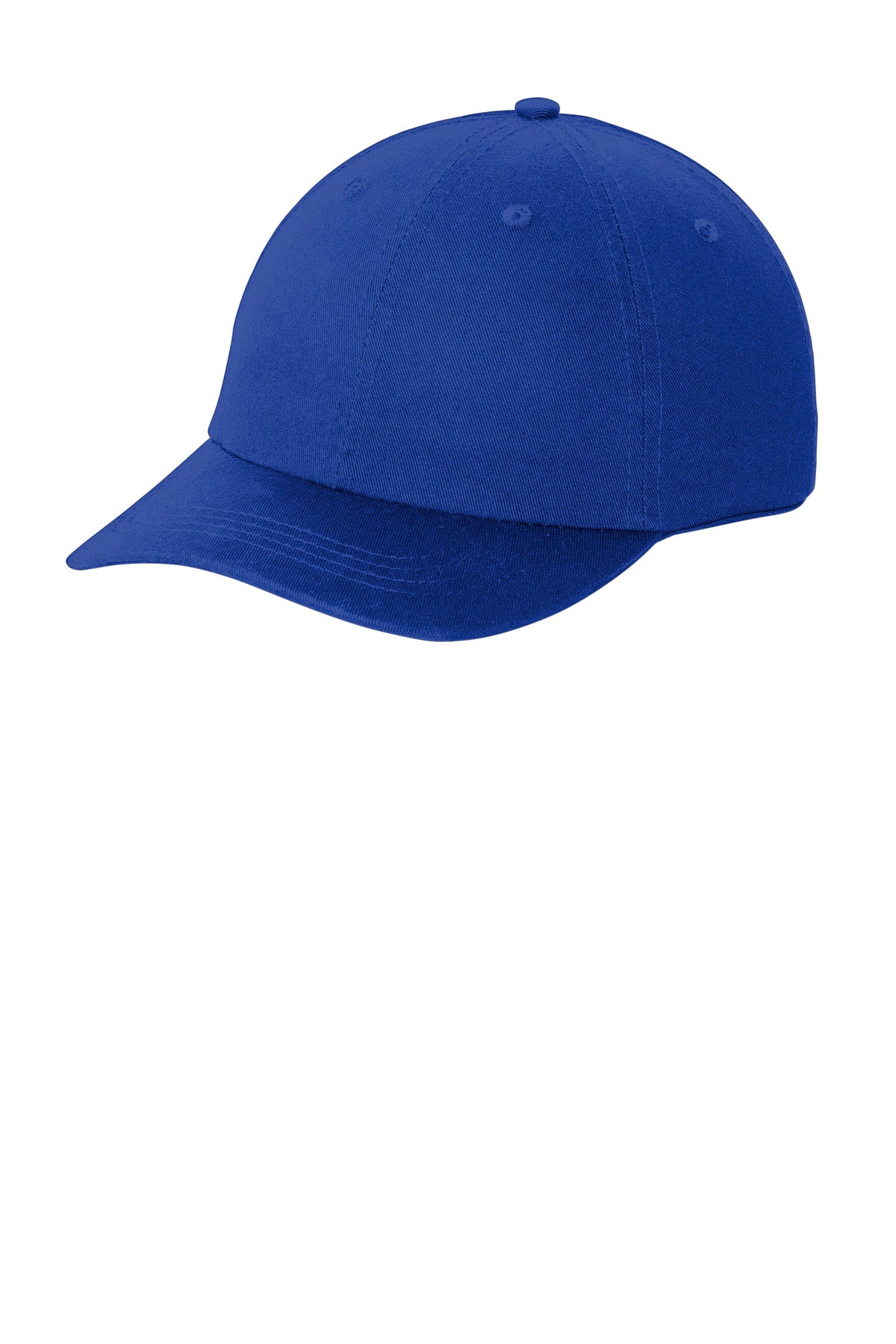 Royal blue Port Authority washed twill cap with curved brim and adjustable strap, shown from the front-left angle.