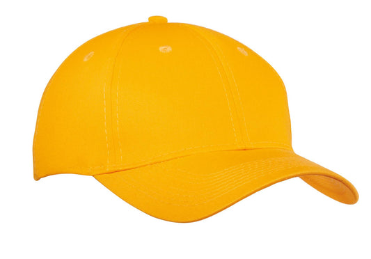 Port Authority six-panel twill cap in athletic gold, showing front view with curved brim and adjustable strap.