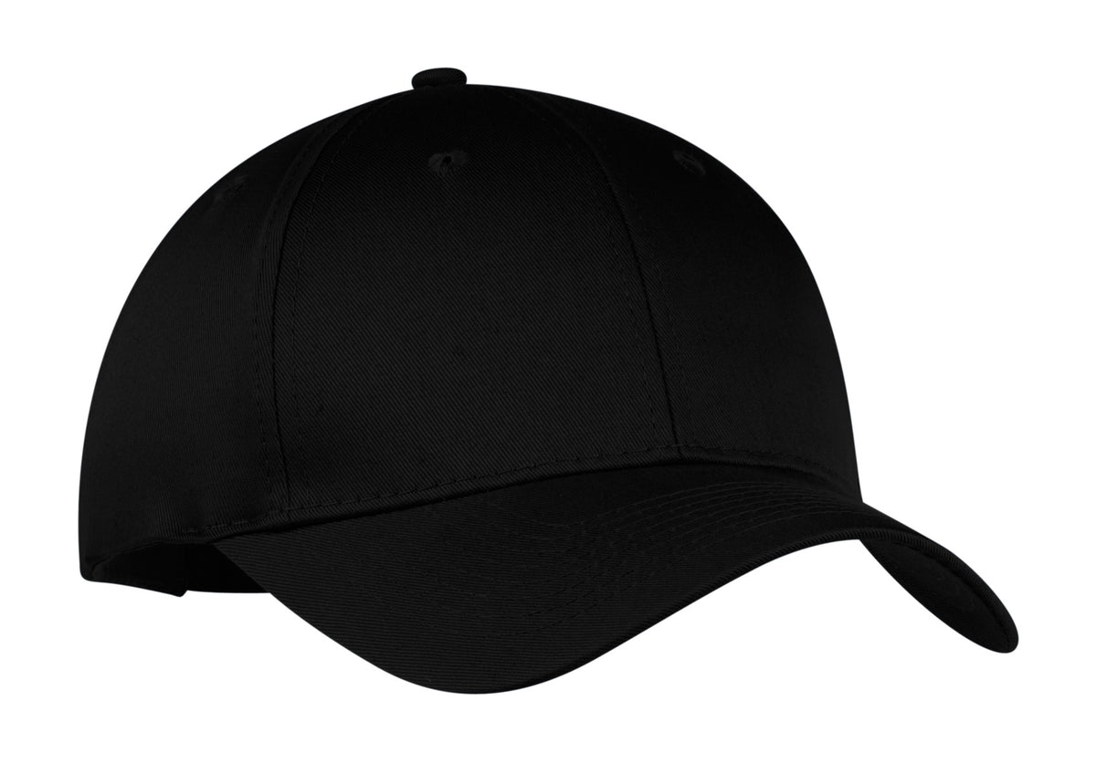 Black Port Authority six-panel twill cap with flat front, adjustable strap, and embroidered logo on front.