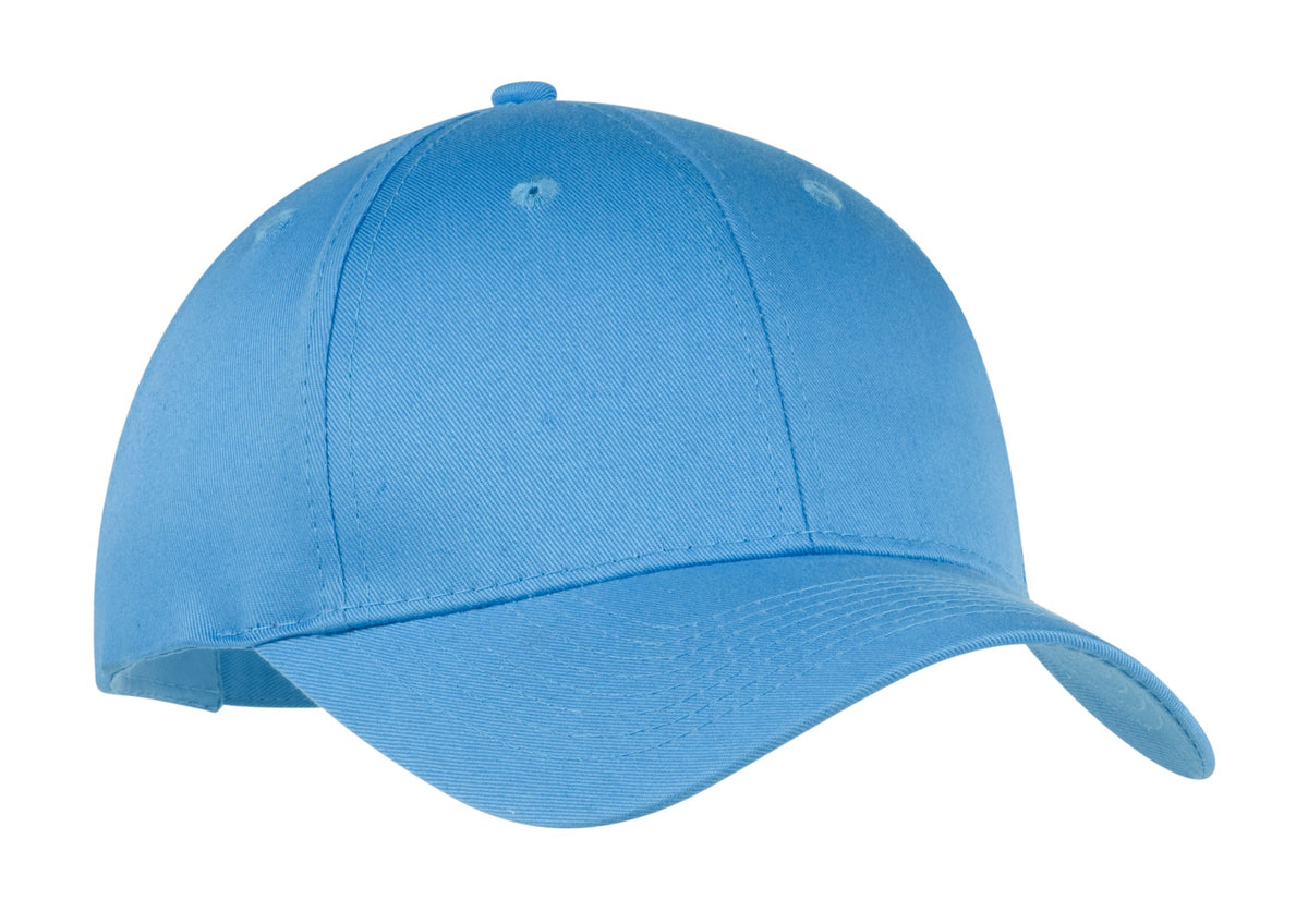 Port Authority six-panel twill cap in Carolina Blue with flat front design, showcasing a casual, structured baseball-style hat.