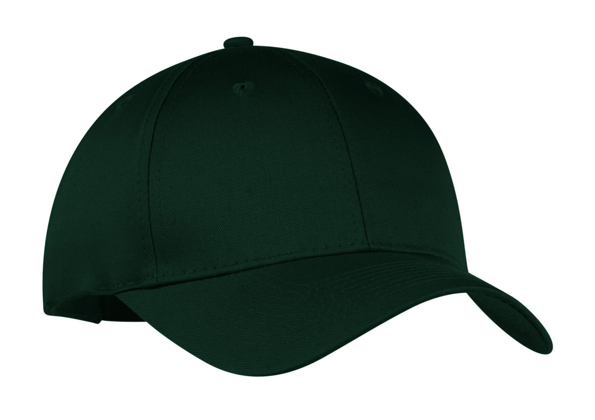 Port Authority six-panel twill cap in hunter green with a flat front, showcasing classic baseball cap style.
