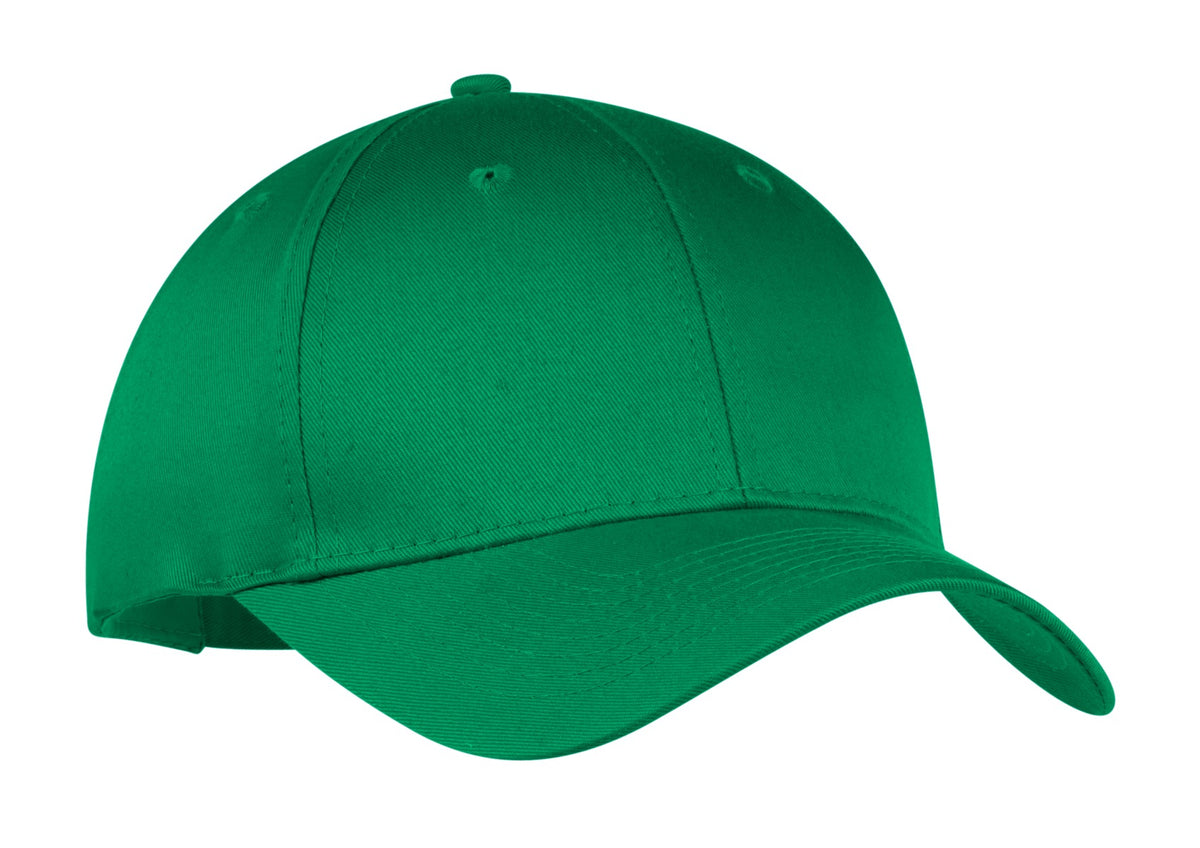 Kelly green Port Authority six-panel twill cap with a flat front, showcasing classic baseball cap style.