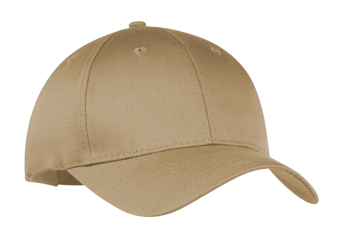 Khaki Port Authority six-panel twill cap with a flat front, adjustable strap, and embroidered logo on the front.