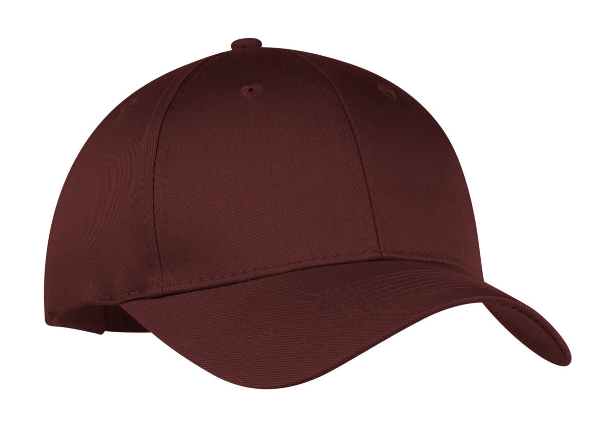 Maroon Port Authority six-panel twill cap with flat front, adjustable strap, and embroidered logo detail.