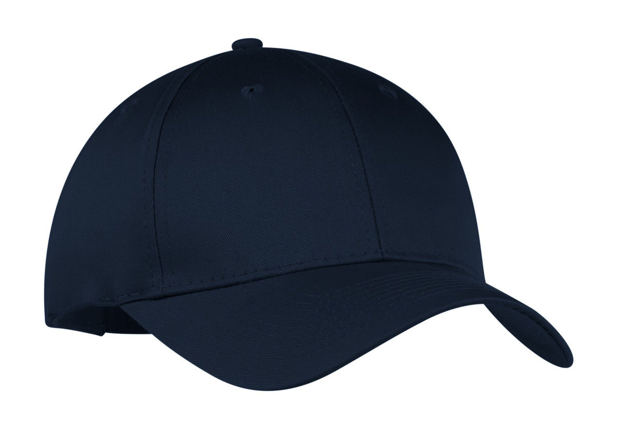 Navy Port Authority six-panel twill cap with flat front, featuring a structured design and adjustable strap for a casual look.