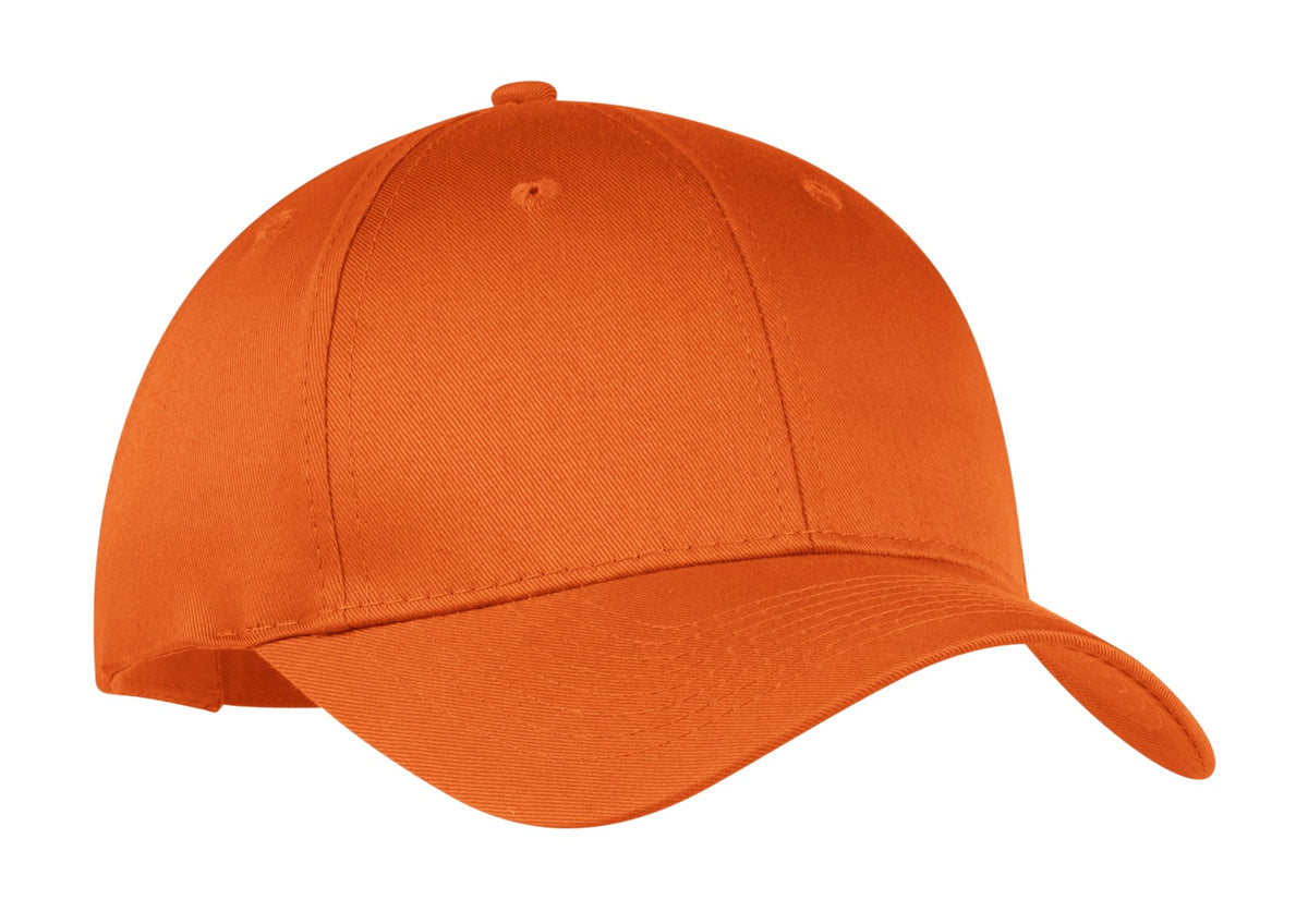 Orange Port Authority six-panel twill cap with flat front, showcasing a casual, stylish design and adjustable strap at the back.