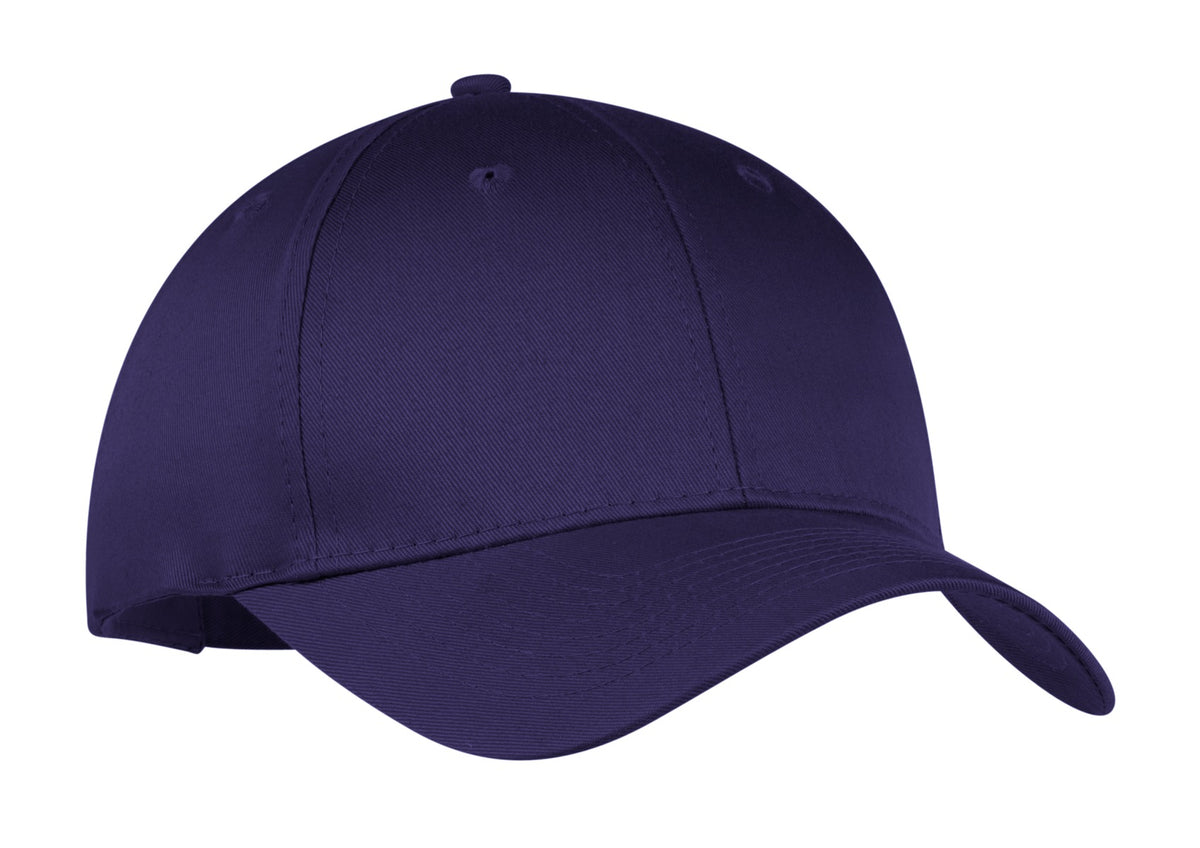 Purple Port Authority six-panel twill cap with a flat front, showcasing a classic baseball cap style and adjustable strap.