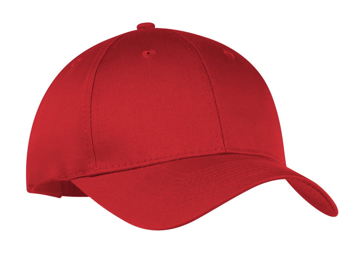 Red Port Authority six-panel twill cap with flat front, adjustable strap, and embroidered logo on the front.