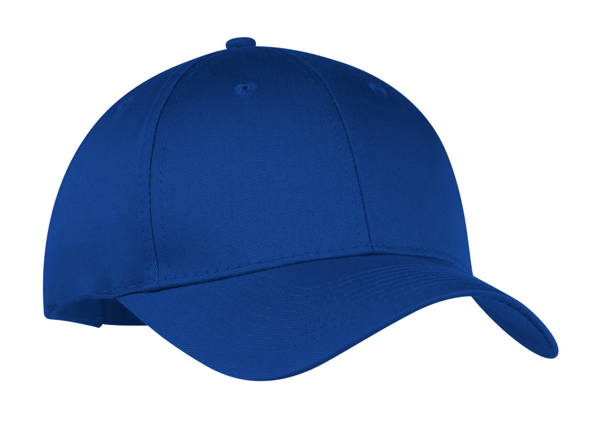 Royal blue Port Authority six-panel twill cap with a flat front, showcasing a classic baseball cap style.