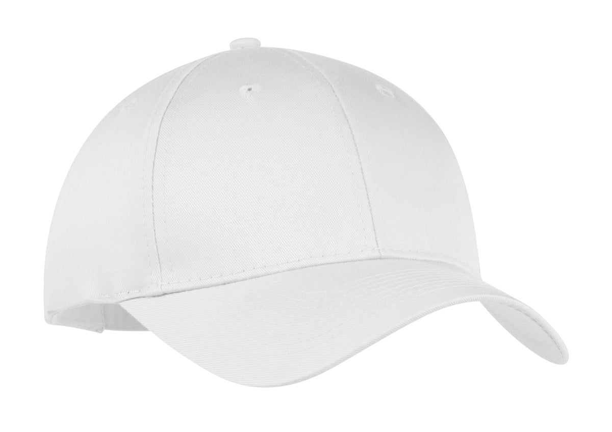 White Port Authority six-panel twill cap with flat front, adjustable strap, and embroidered logo on the front.