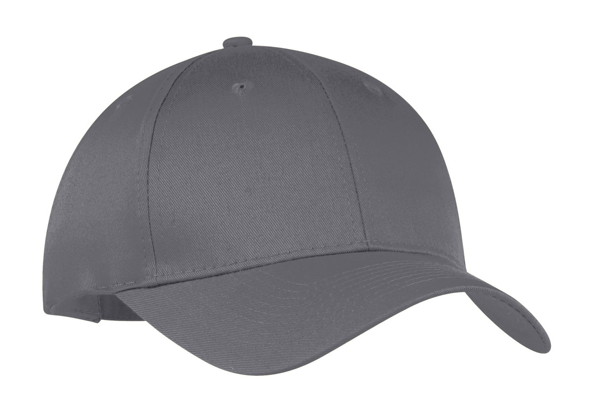 Charcoal Port Authority six-panel twill cap with curved brim and embroidered front panel, casual headwear for men and women.