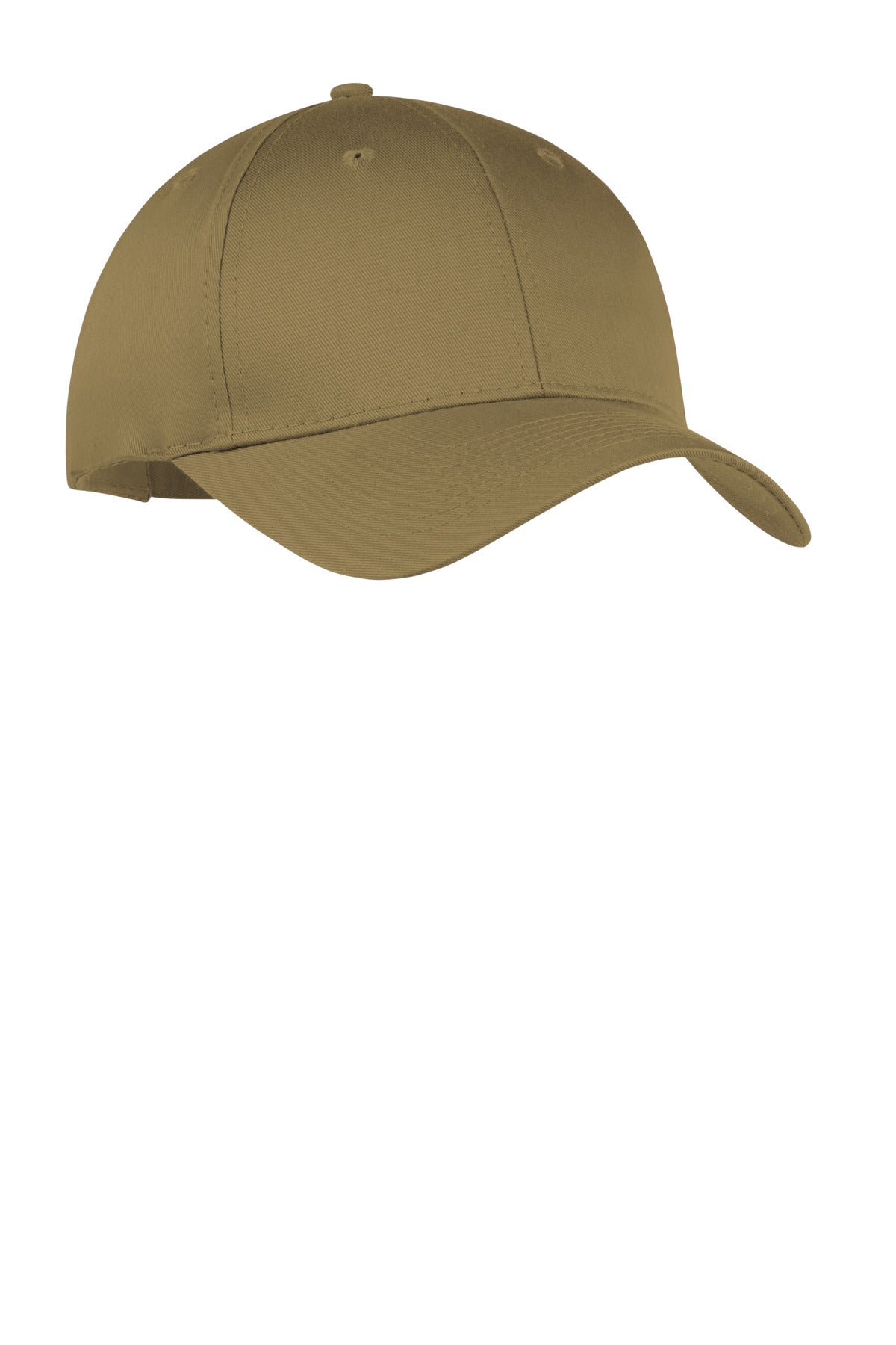 Coyote brown Port Authority six-panel twill cap with flat front, adjustable strap, and stitched eyelets for ventilation.