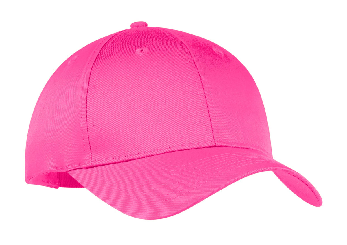 Port Authority six-panel twill cap in neon pink, front view showing adjustable strap and embroidered logo.