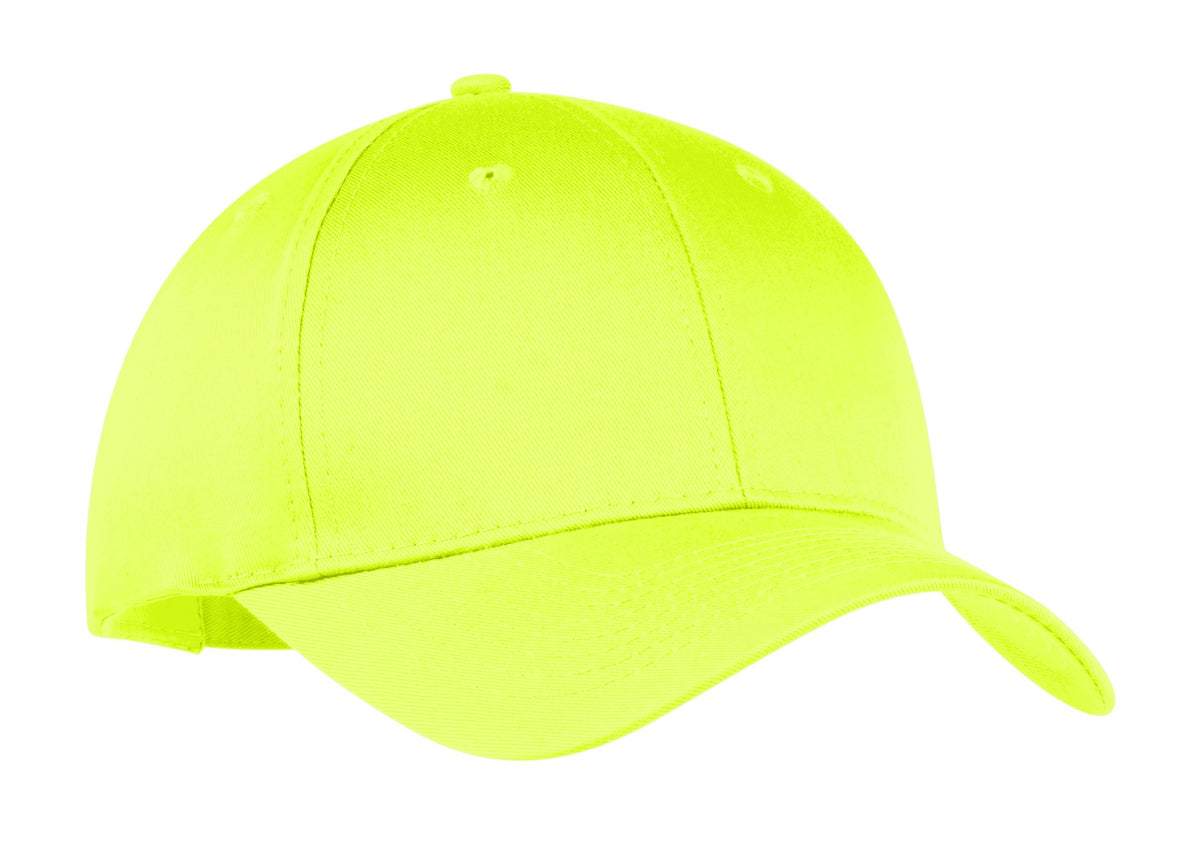 Port Authority six-panel twill cap in neon yellow, front view showing structured design and adjustable strap.