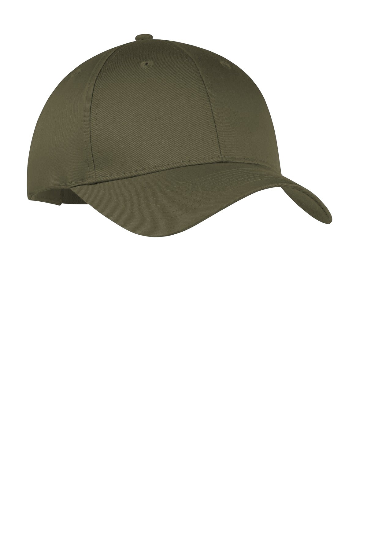 Olive drab green Port Authority six-panel twill cap with flat front, adjustable strap, and breathable design.