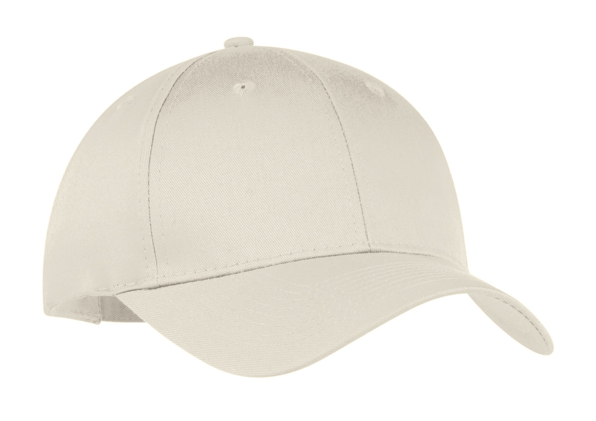 Port Authority six-panel twill cap in oyster color, featuring a classic design and adjustable strap at the front.