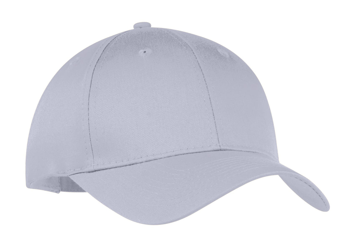 Port Authority six-panel twill cap in silver, front view showing adjustable strap and classic baseball cap design.
