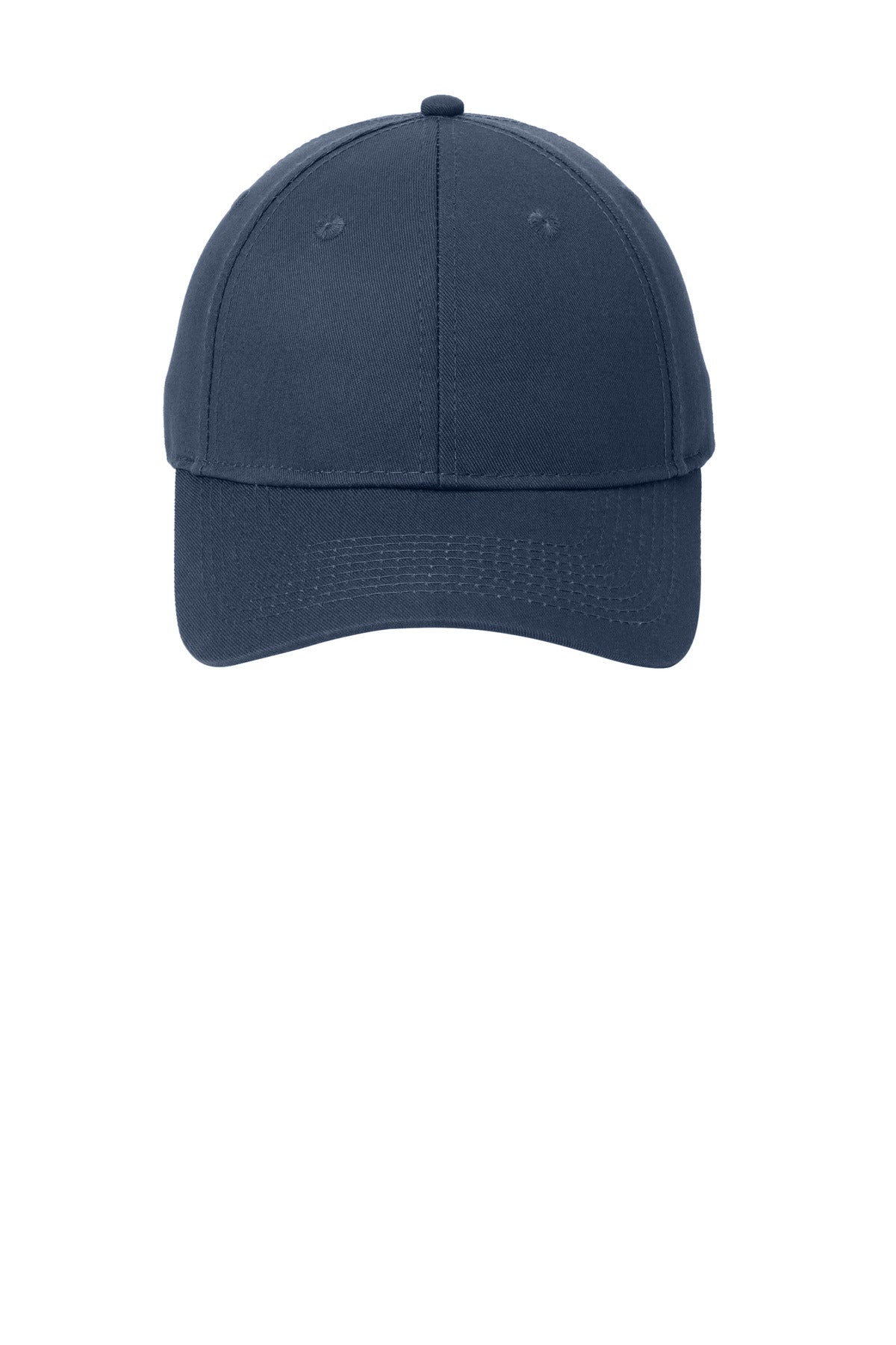 Port Authority six-panel twill cap in true navy color, flat front view showing adjustable strap and classic design.