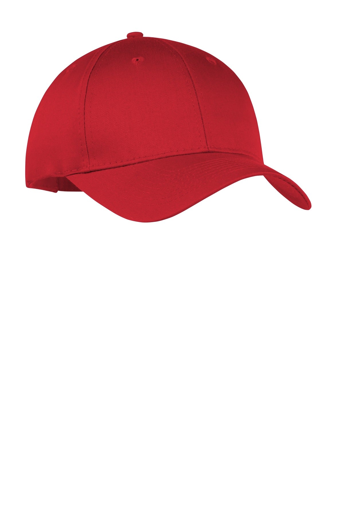 Red Port Authority Six-Panel Twill Cap with flat front, adjustable strap, and stitched eyelets for a casual, stylish look.
