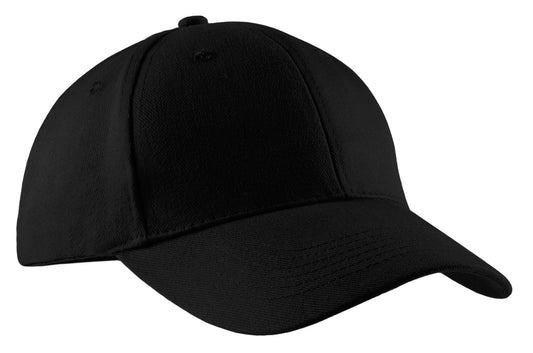 Black Port Authority brushed twill cap with a flat front, adjustable strap, and embroidered logo on the front.