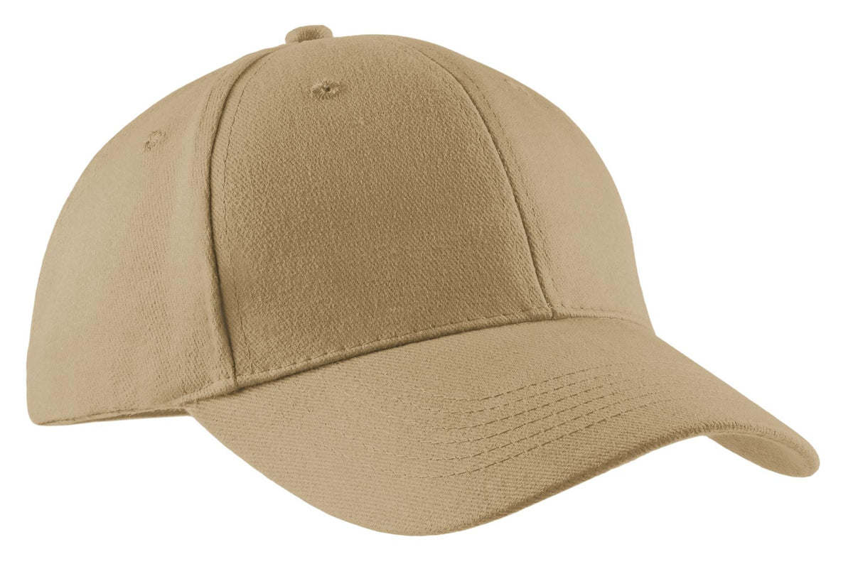 Khaki Port Authority brushed twill cap with a flat front and adjustable strap, showcasing a classic, casual style.