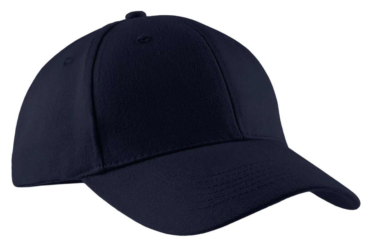 Navy Port Authority brushed twill cap with a flat front and adjustable strap, stylish men's casual headwear.