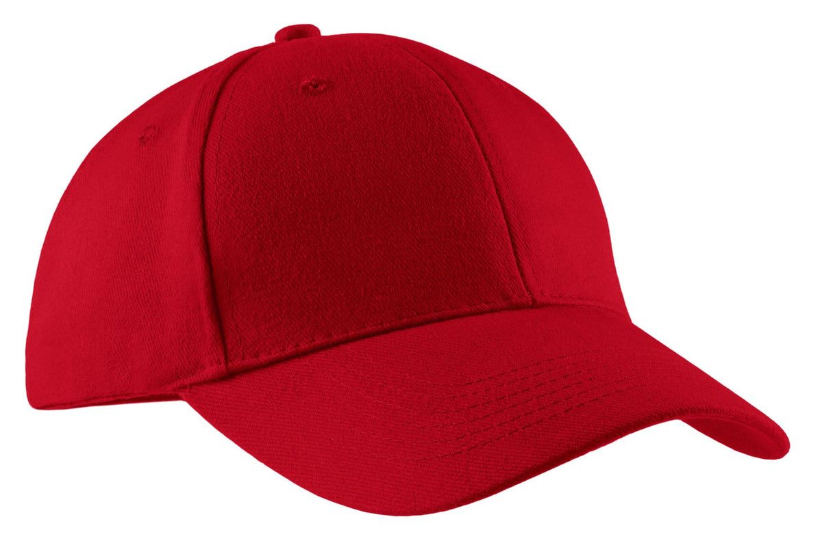 Red Port Authority brushed twill cap with flat front design, showcasing its stylish and comfortable fit.