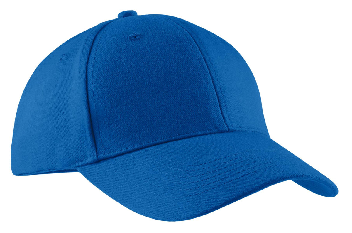 Royal blue Port Authority Brushed Twill Cap shown from the front, featuring a flat brim and adjustable strap.