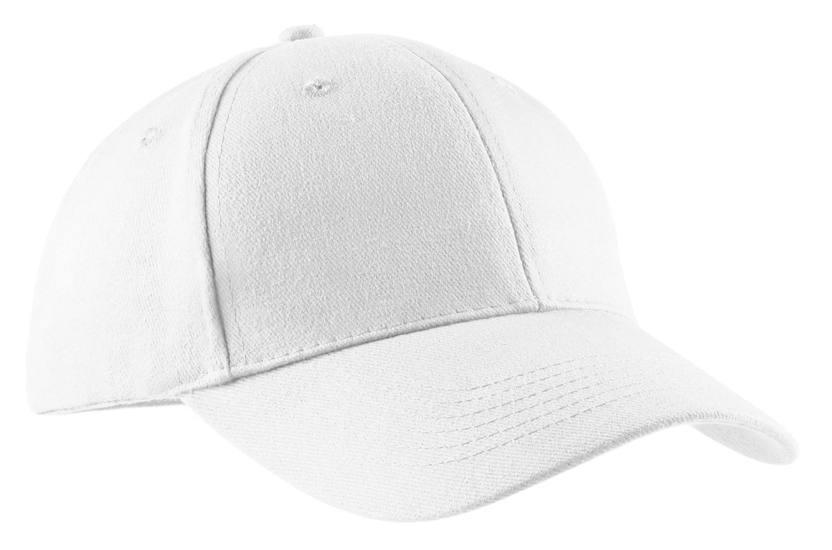 White Port Authority brushed twill cap with flat front and adjustable strap, showcasing a classic, stylish baseball cap design.