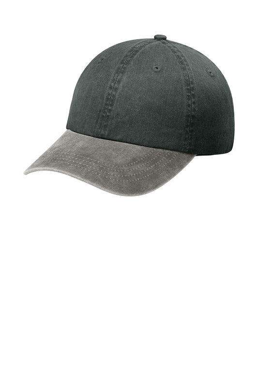 Black Port Authority Two-Tone Pigment-Dyed Cap with curved brim and adjustable strap, shown from the left side.