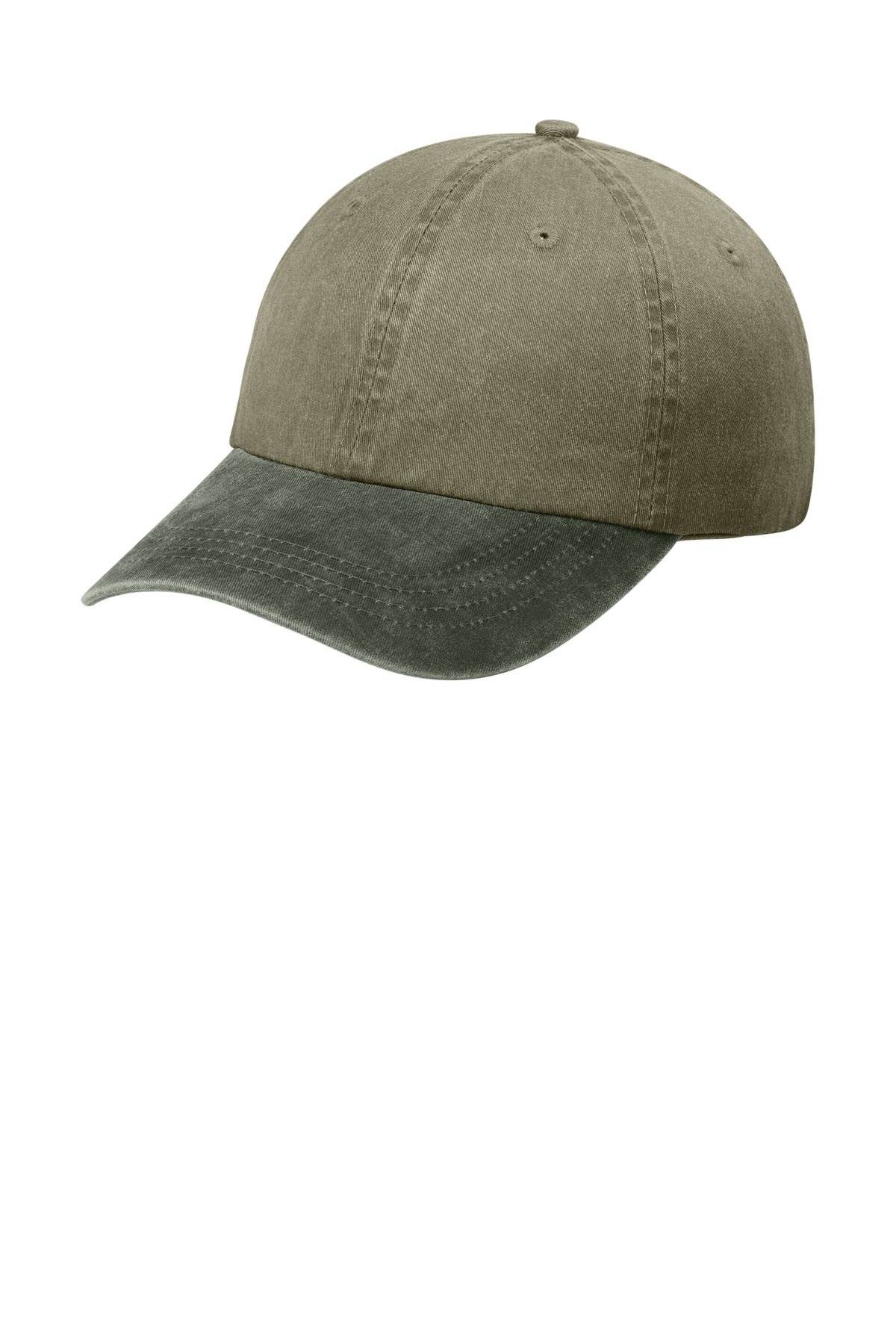Khaki Port Authority two-tone pigment-dyed cap with curved brim and adjustable strap, shown from the left side.
