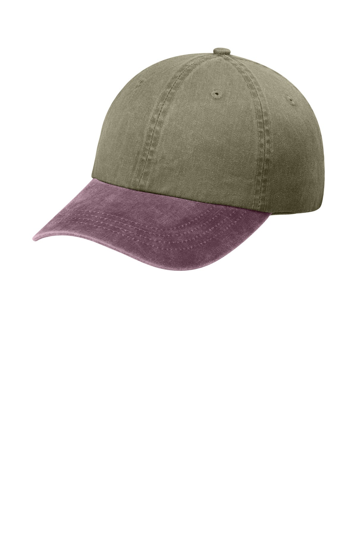 Khaki and maroon Port Authority two-tone pigment-dyed cap with curved brim and adjustable strap, shown from the left side.