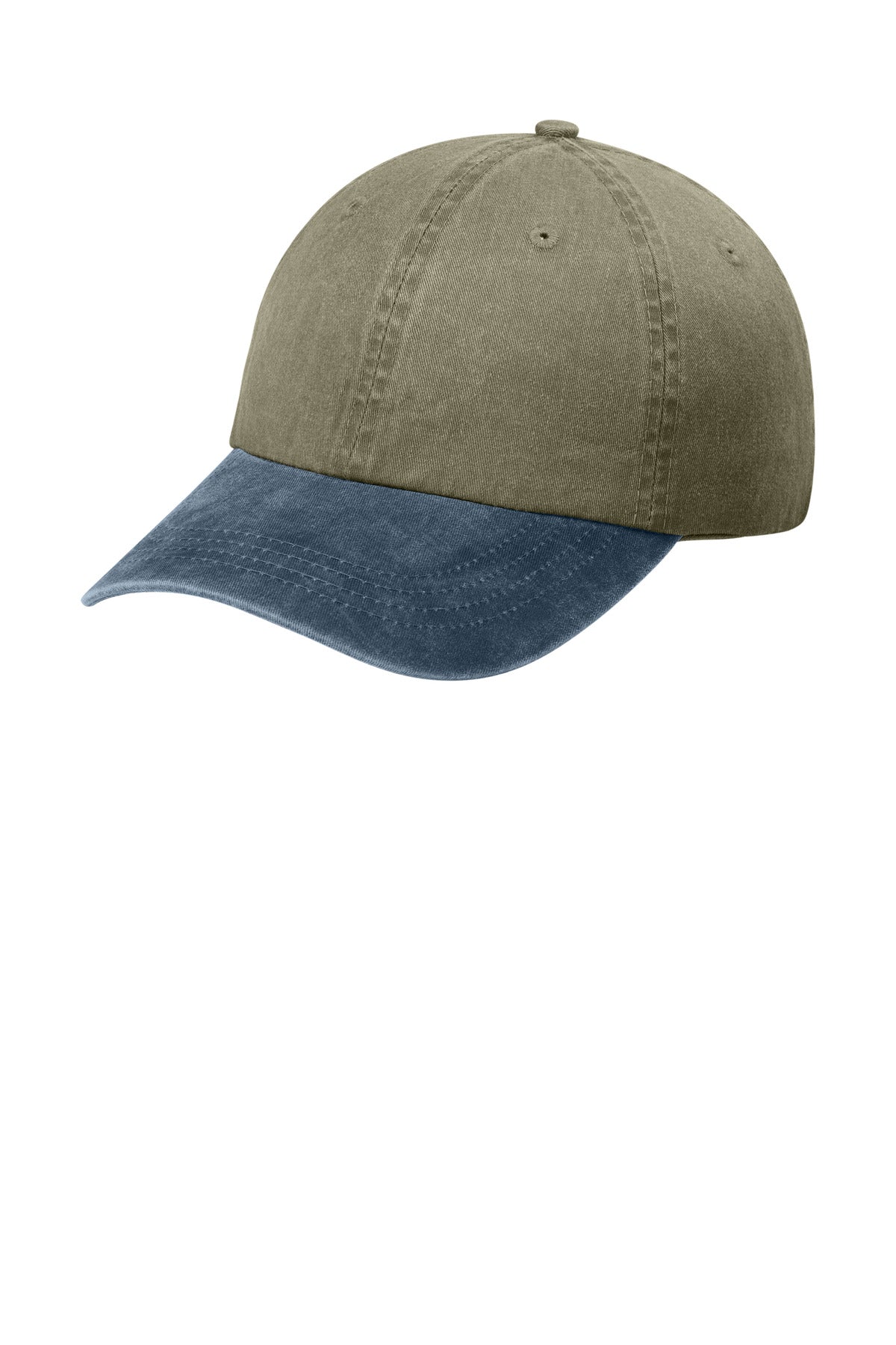 Port Authority two-tone pigment-dyed cap in khaki and navy, shown from the left side. Classic baseball style with adjustable strap.