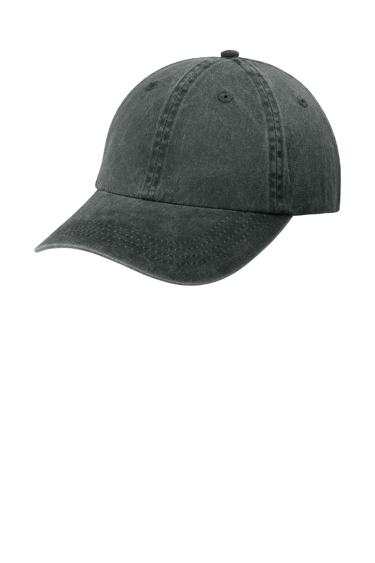 Black Port Authority® Pigment-Dyed Cap with curved brim and adjustable strap, shown from the left side.