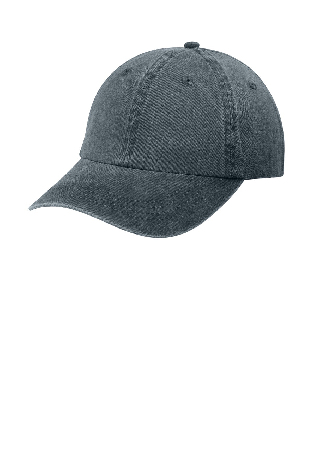 Port Authority Pigment-Dyed Cap in graphite color, shown from the left side, featuring a classic baseball cap style.