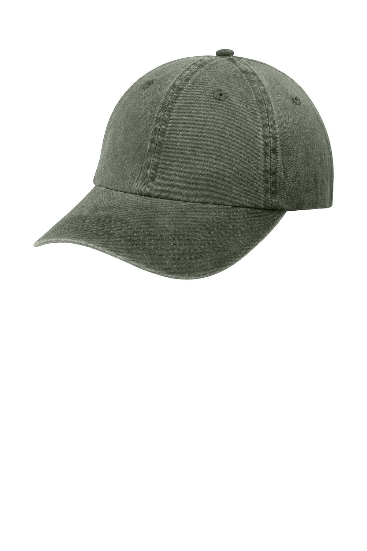 Port Authority pigment-dyed cap in hunter green with curved brim and adjustable strap, shown from the left side.
