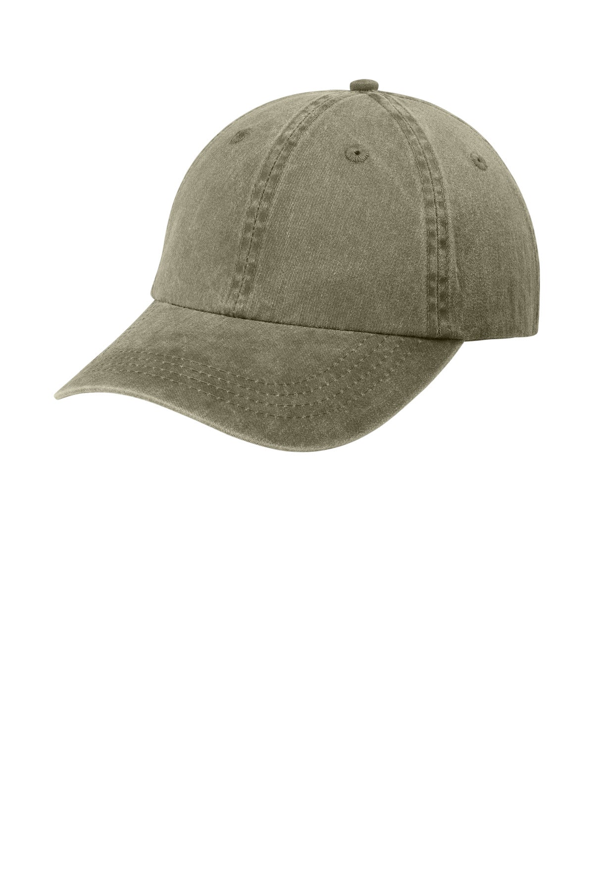 Port Authority pigment-dyed khaki cap with curved brim, adjustable strap, and embroidered logo on front.