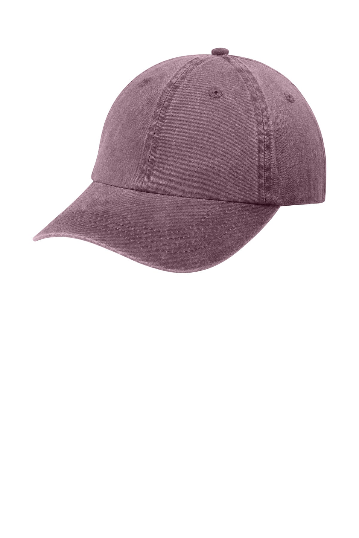 Maroon Port Authority ® pigment-dyed cap with curved brim and adjustable strap, shown from the front left angle.