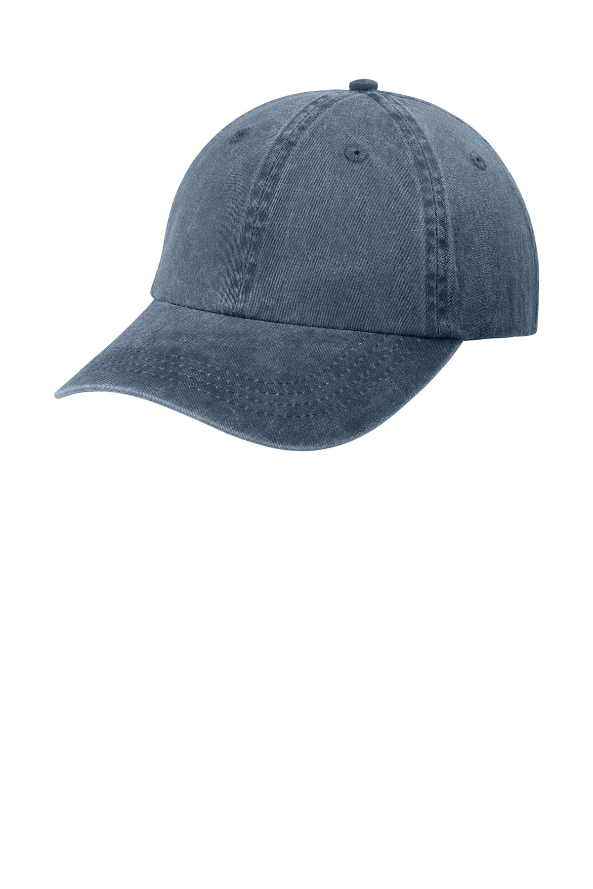 Navy Port Authority Pigment-Dyed Cap CP84 with curved brim and adjustable strap, shown from the left side.