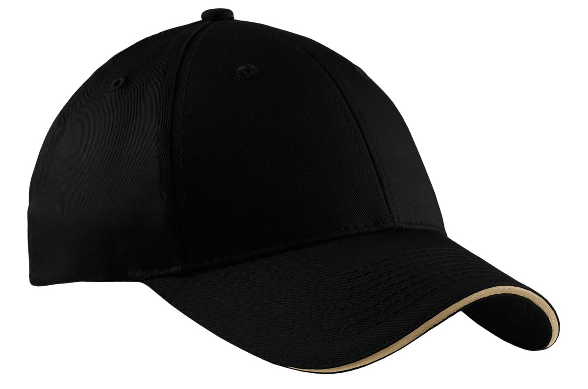 Black Port Authority cotton twill sandwich bill cap with a flat front, showcasing a classic baseball cap style.