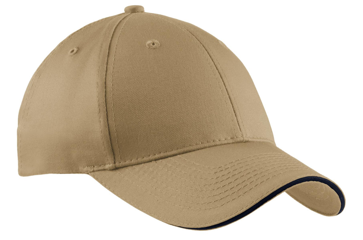Khaki Port Authority cotton twill sandwich bill cap with a flat front and adjustable strap.