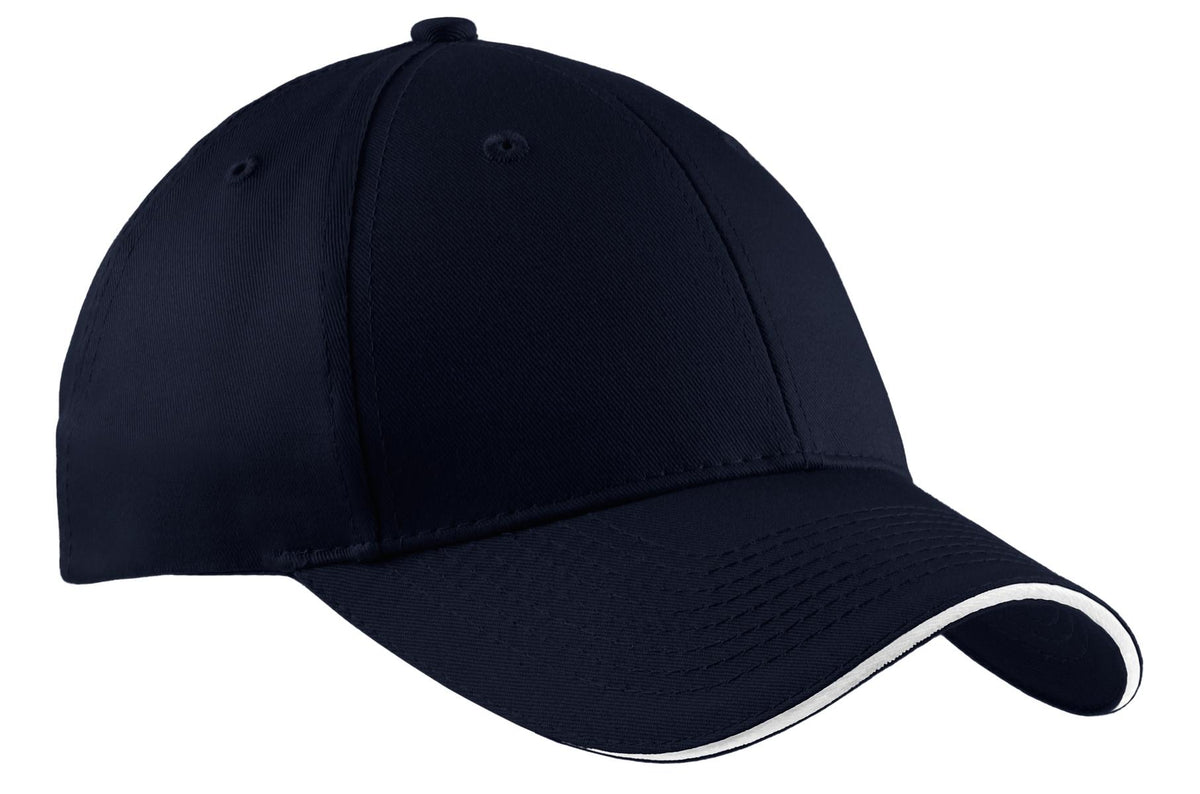 Navy Port Authority cotton twill sandwich bill cap with flat front, adjustable strap, and embroidered logo on front.