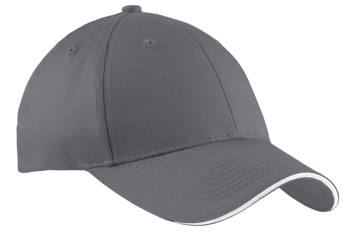 Charcoal Port Authority cotton twill sandwich bill cap with front view showing adjustable strap and classic six-panel design.